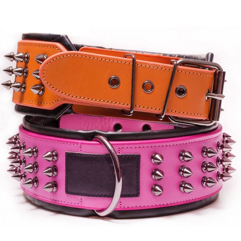 Custom Logo Punk Style Cowhide Puppy Training Collar PU Leather Bite Proof Stainless Steel Rivet Spiked Dog Collars