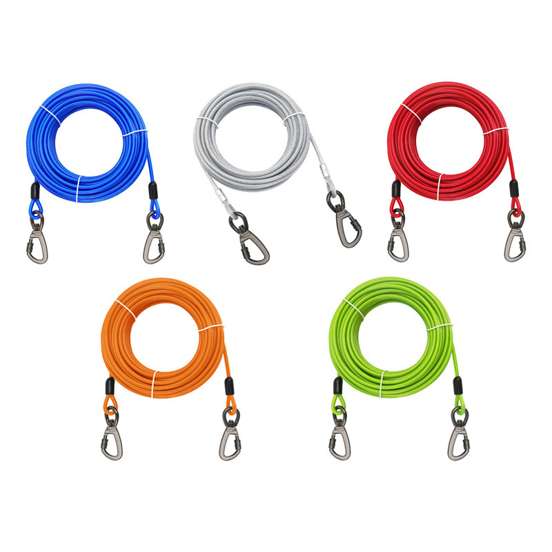 Double Stainless Steel 360 Degree Swivel Carabiner Shock Absorbing Spring Rubber Coated Leash Lead Dog Tie out Cable