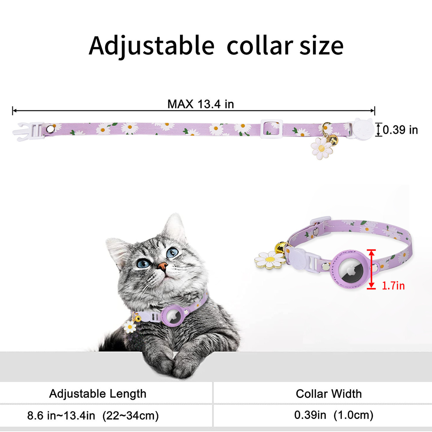 Cute Small Daisy Print Ribbon Breakaway Buckle Adjustable Cat Kitten Small Dog Pet Collars with Airtag Holder and Small Bells