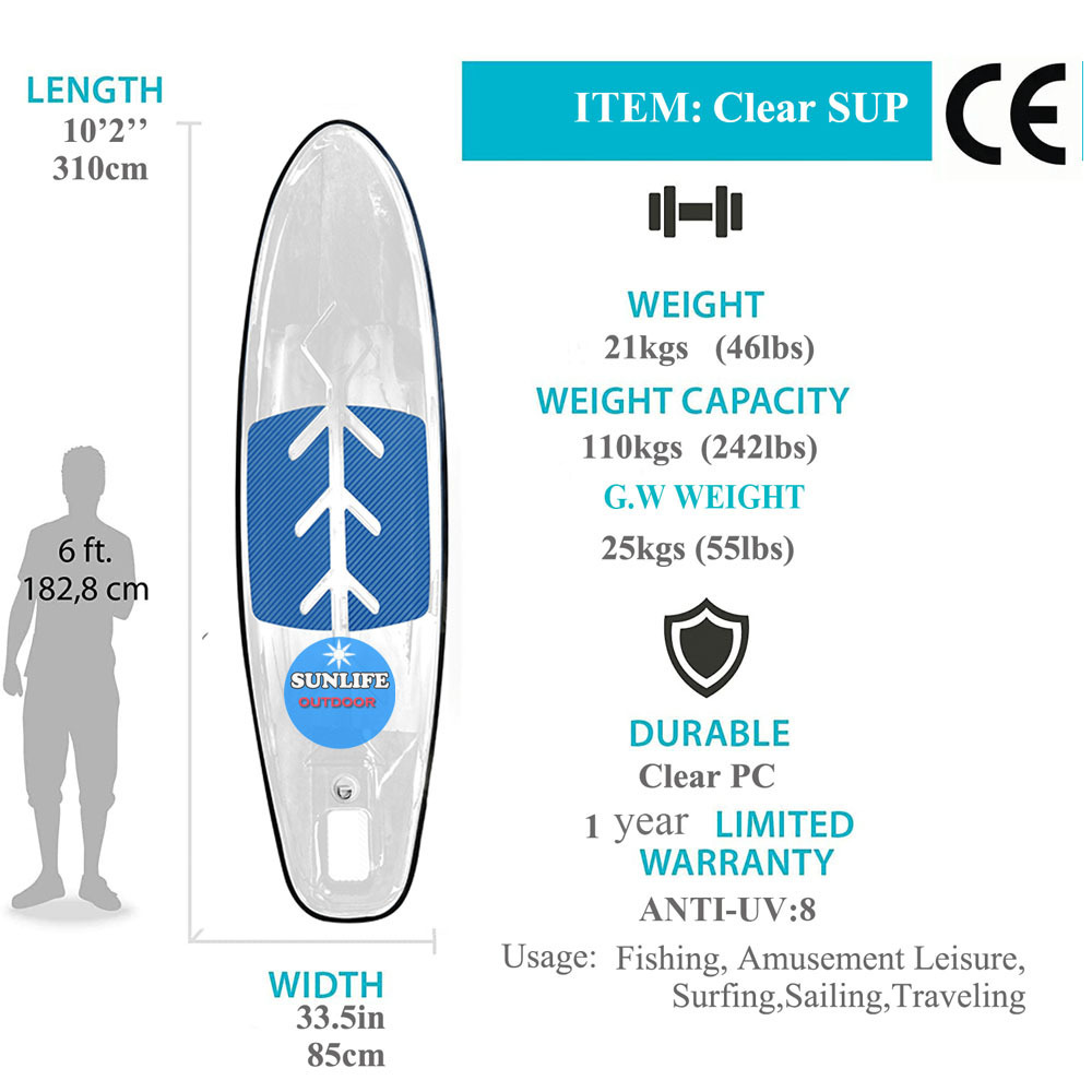 2021 durable and safety clear SUP board transparent surfboard with paddle