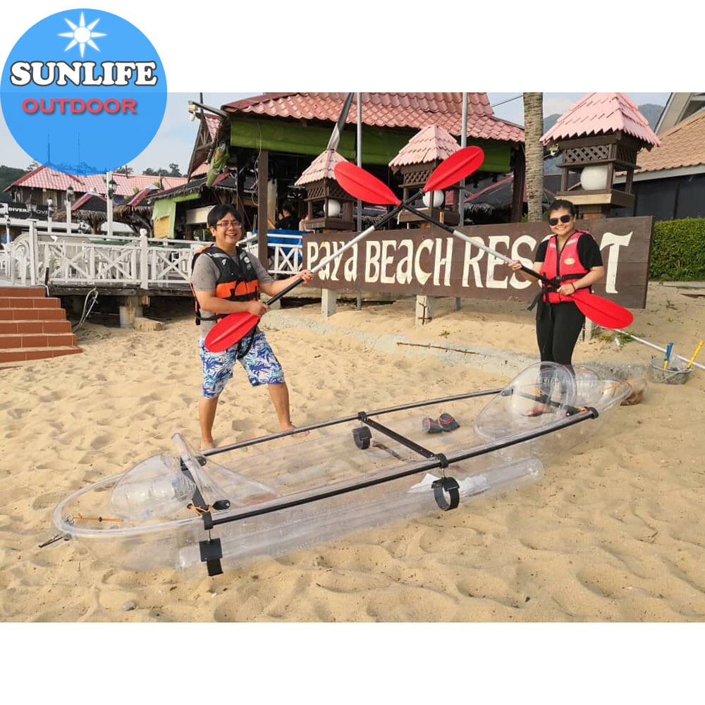 Hot selling crystal canoe kayak double seaters glass bottom boat with stabilizer black frame clear balance tube transparent