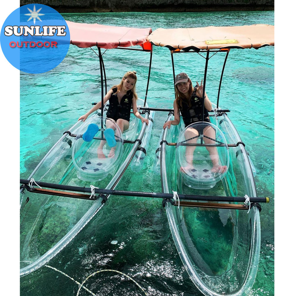 Hot selling crystal canoe kayak double seaters glass bottom boat with stabilizer black frame clear balance tube transparent