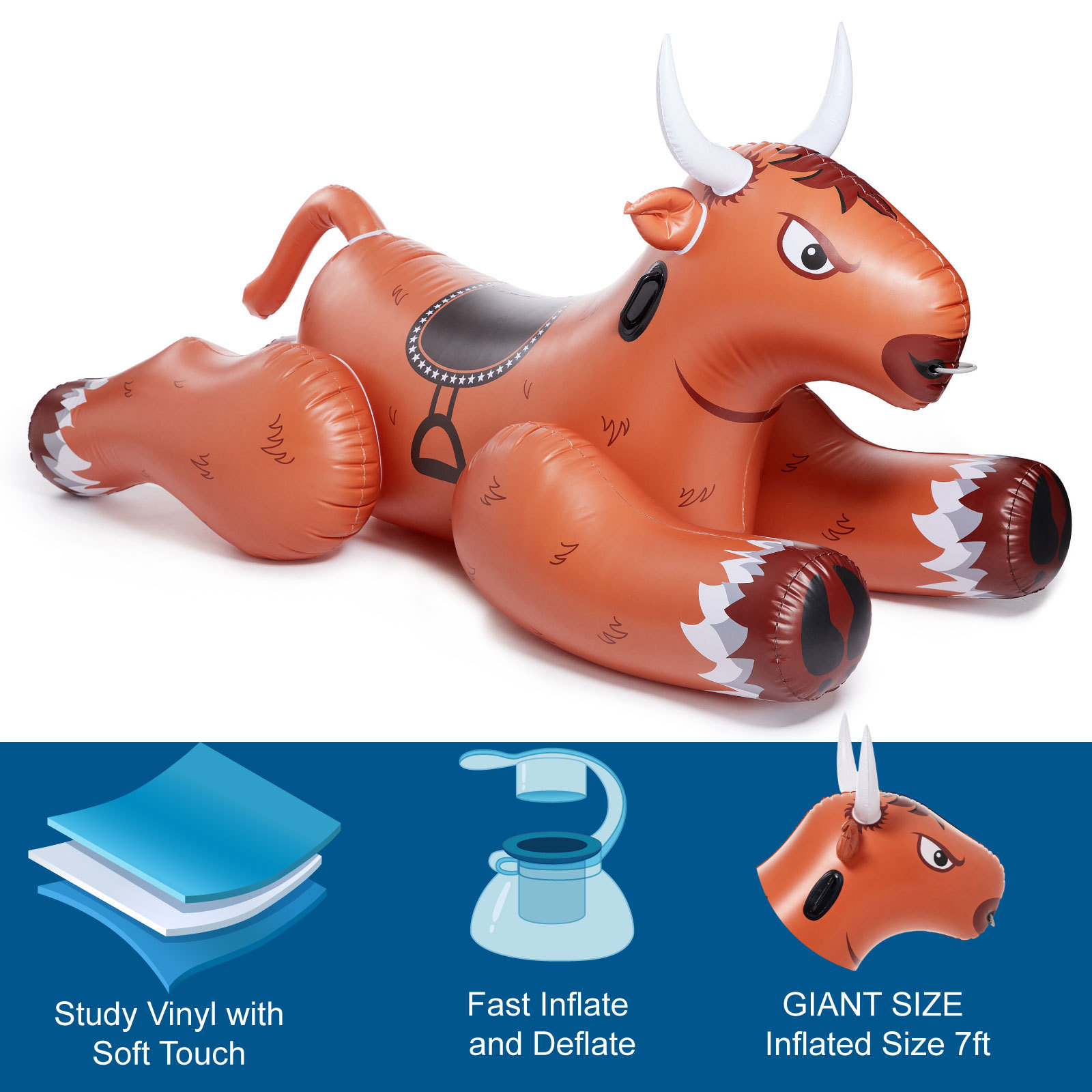 Inflatable Bull Pool Float Huge Blow Up Ride On Swimming Pool Floatie Party Toy for Adults with Sturdy Vinyl Fast Valves