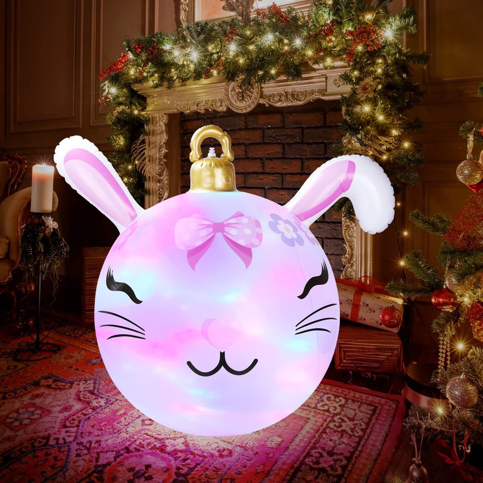 Inflatable Christmas Rabbit Ornament Giant Blow Up Christmas Decoration Wireless LED Light Ball Ornament