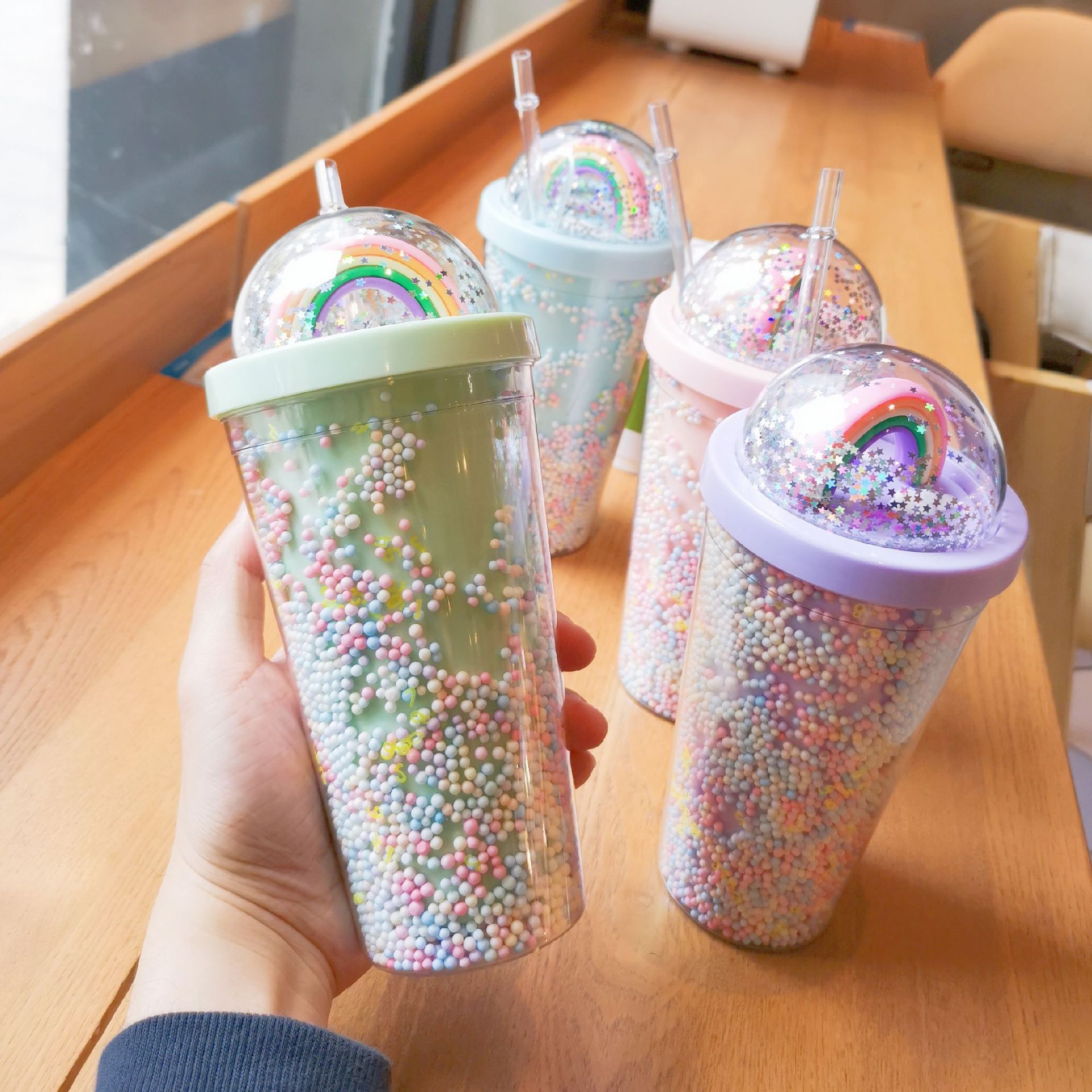 New Fashion design Plastic Drinking Cup Rainbow  straw water cup