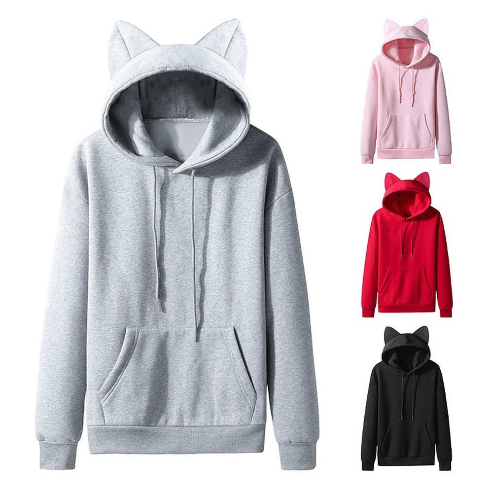 Cotton US Size Autumn New Women's Cat Ear Design Hoody Casual Long Sleeve Hooded Fleece Sweater Hoodie