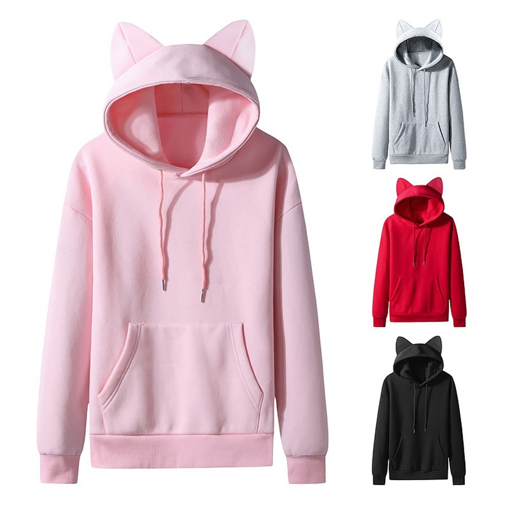 Cotton US Size Autumn New Women's Cat Ear Design Hoody Casual Long Sleeve Hooded Fleece Sweater Hoodie