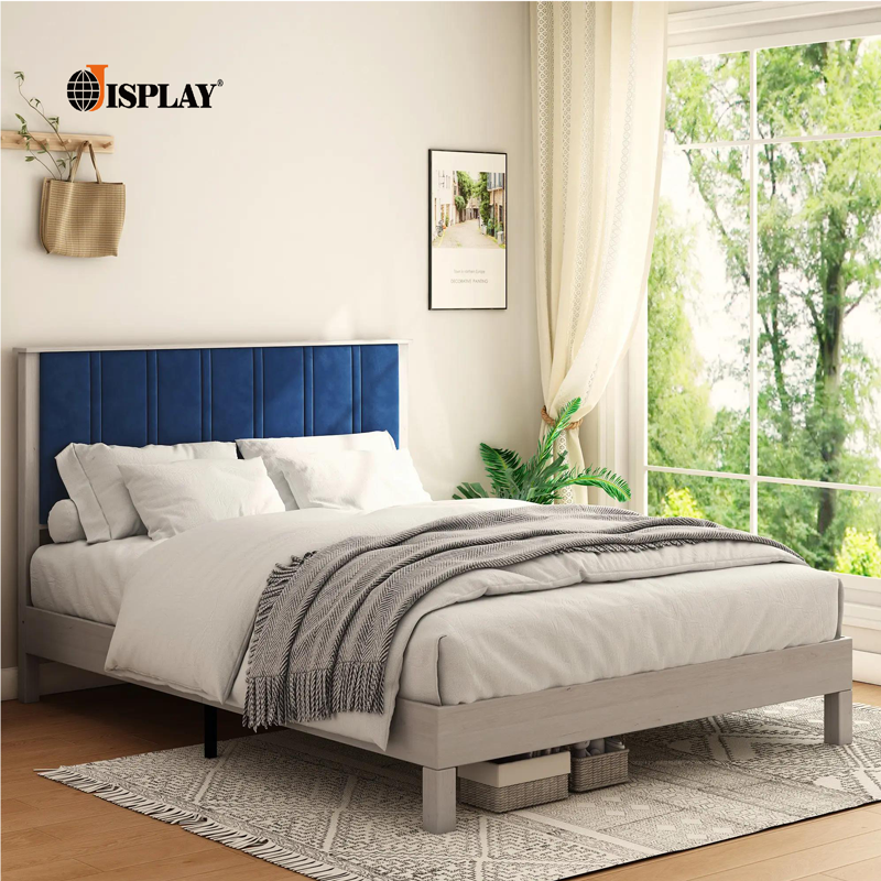 hot selling american style bedroom furniture blue upholstered fabric bed frame camas