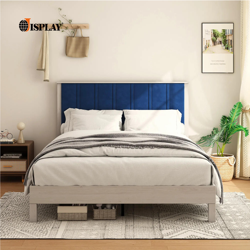 hot selling american style bedroom furniture blue upholstered fabric bed frame camas