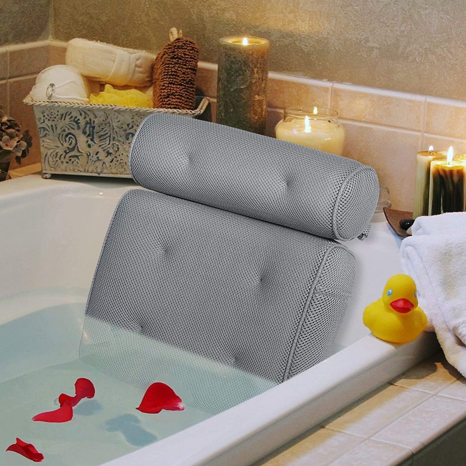 Bathtub Pillow with Anti-Slip Suction Cups 3D Air Mesh Soft Spa Bath Pillow Headrest for Tub with Neck and Back Support  Spa