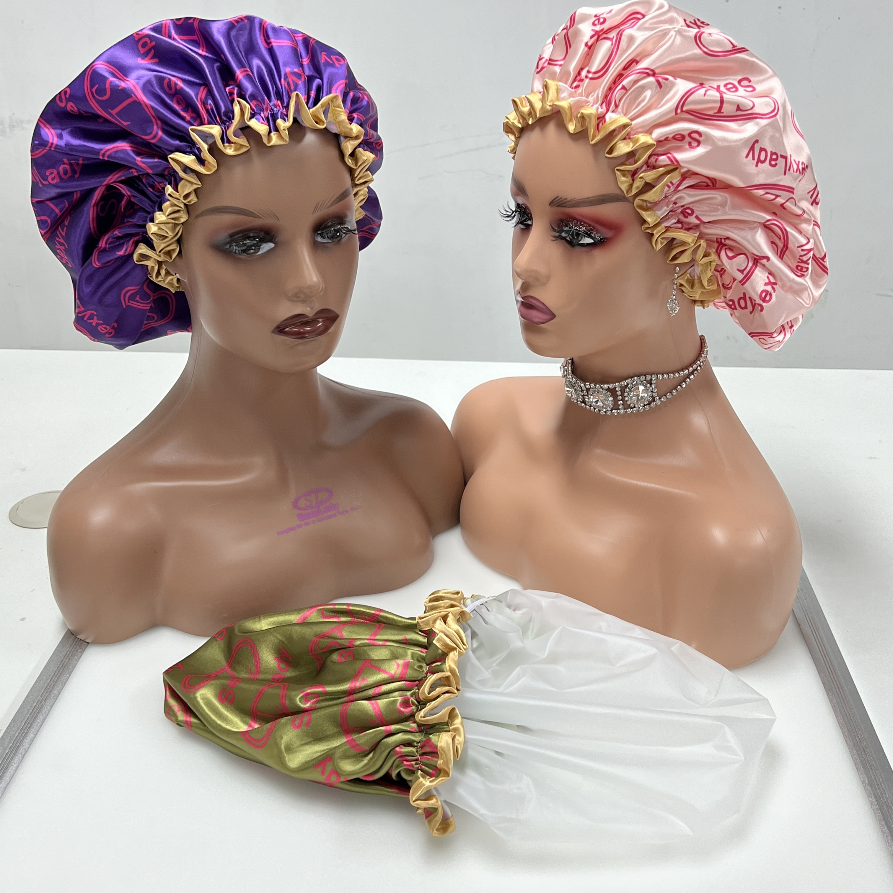 Luxury silk bonnet women hair bonnet wholesale custom logo  color shower cap waterproof