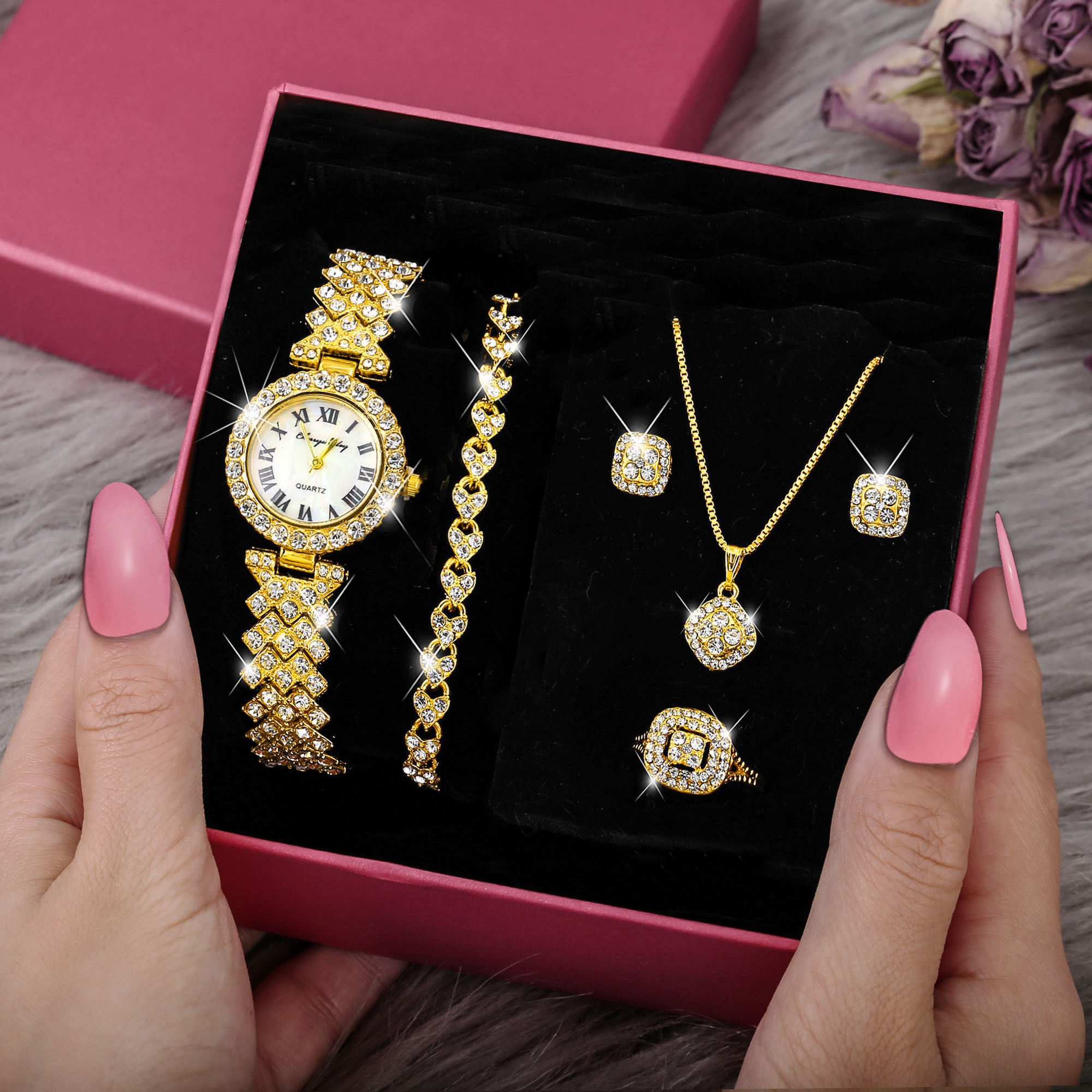 4PCS A Set Luxury Fashion Jewelry Bracelet Necklace Rhinestone Quartz Watch Sets Gifts for Women Girls Ladies