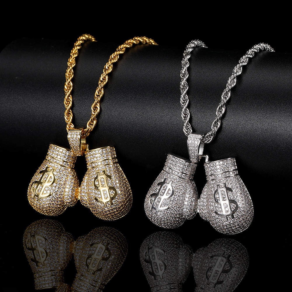 Hot Selling Hip Hop Hollow Dollar Sign Boxing Gloves Pendant Iced Out Zircon Pendant Men's Necklace With Free Chain