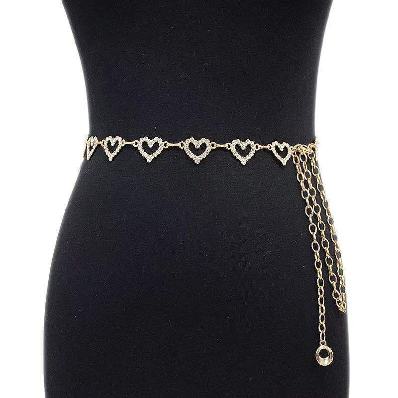 Fashion 18K Gold Plated Girls Ladies Dress Waist Chain Belt Women Diamond Sexy Body Chain Heart Crystal  Rhinestone Waist Chain