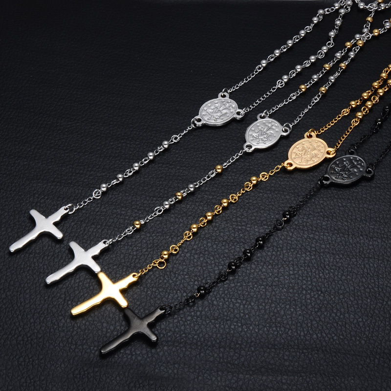 Fashion Gold Color Catholic Prayer Cross Pendant 316L Stainless Steel Rosary Necklace with Virgin Mary Tag