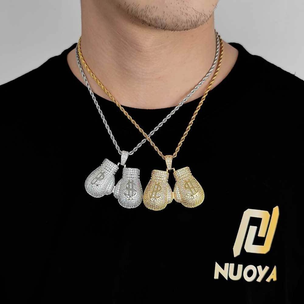 Hot Selling Hip Hop Hollow Dollar Sign Boxing Gloves Pendant Iced Out Zircon Pendant Men's Necklace With Free Chain