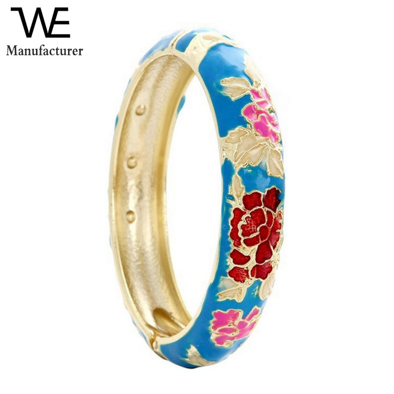 Factory Price Chinese Cloisonne Porcelain Peony Enamel Bracelet Bangle for Women in Zinc Alloy Jewelry