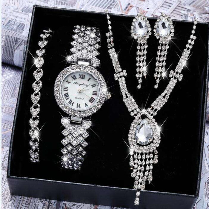 4PCS A Set Luxury Fashion Jewelry Bracelet Necklace Rhinestone Quartz Watch Sets Gifts for Women Girls Ladies