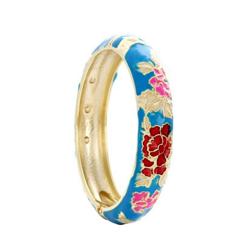 Factory Price Chinese Cloisonne Porcelain Peony Enamel Bracelet Bangle for Women in Zinc Alloy Jewelry