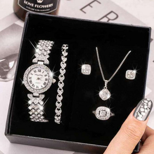 4PCS A Set Luxury Fashion Jewelry Bracelet Necklace Rhinestone Quartz Watch Sets Gifts for Women Girls Ladies