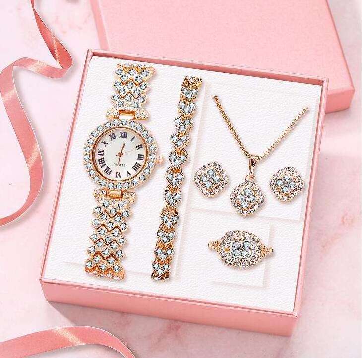 4PCS A Set Luxury Fashion Jewelry Bracelet Necklace Rhinestone Quartz Watch Sets Gifts for Women Girls Ladies