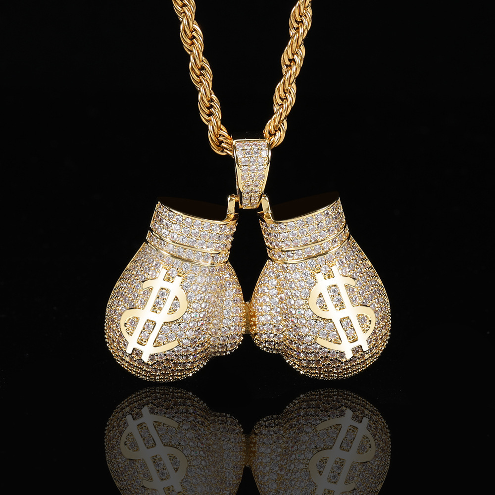 Hot Selling Hip Hop Hollow Dollar Sign Boxing Gloves Pendant Iced Out Zircon Pendant Men's Necklace With Free Chain