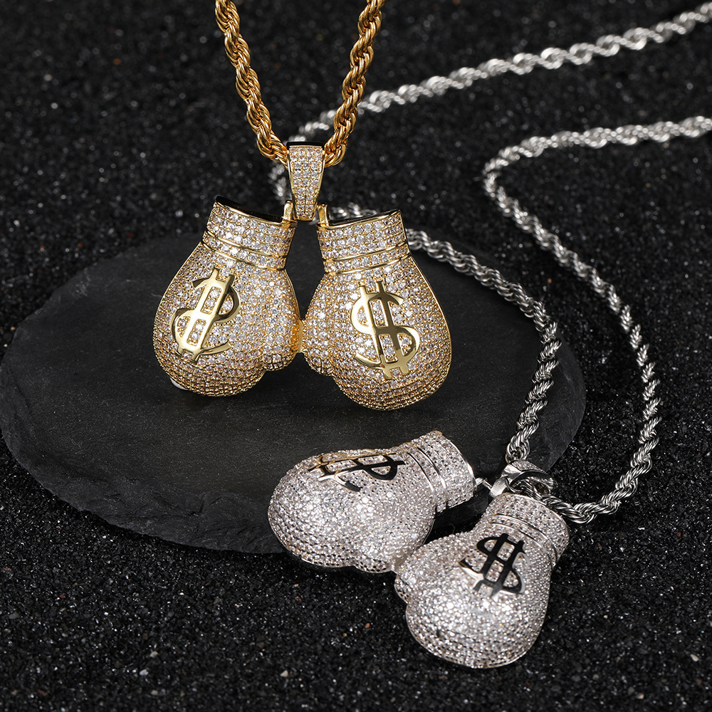 Hot Selling Hip Hop Hollow Dollar Sign Boxing Gloves Pendant Iced Out Zircon Pendant Men's Necklace With Free Chain