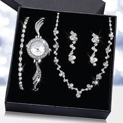 4PCS A Set Luxury Fashion Jewelry Bracelet Necklace Rhinestone Quartz Watch Sets Gifts for Women Girls Ladies