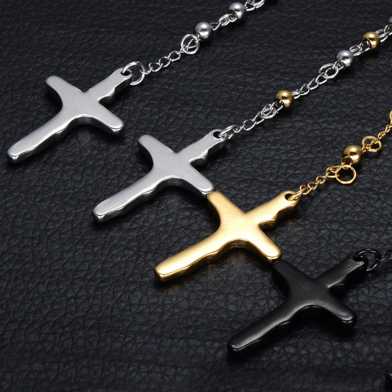 Fashion Gold Color Catholic Prayer Cross Pendant 316L Stainless Steel Rosary Necklace with Virgin Mary Tag