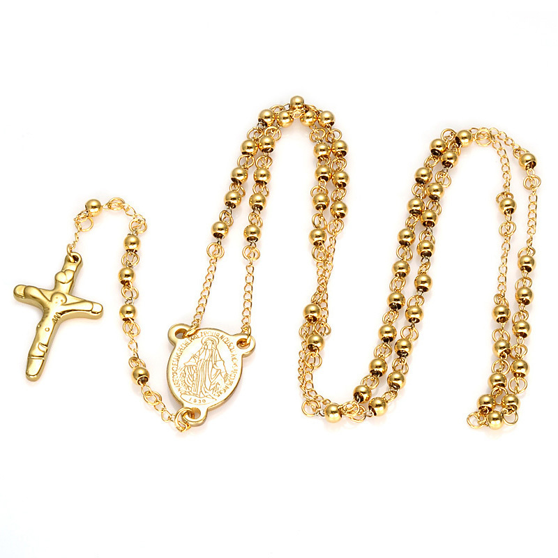 Fashion Gold Color Catholic Prayer Cross Pendant 316L Stainless Steel Rosary Necklace with Virgin Mary Tag