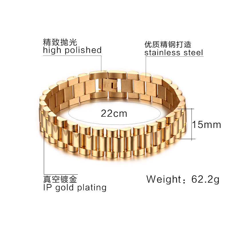 Stainless Steel Watch Strap Bracelet 18K Gold Plated Mens Link Chain Watch Band Bracelet Men Bracelet