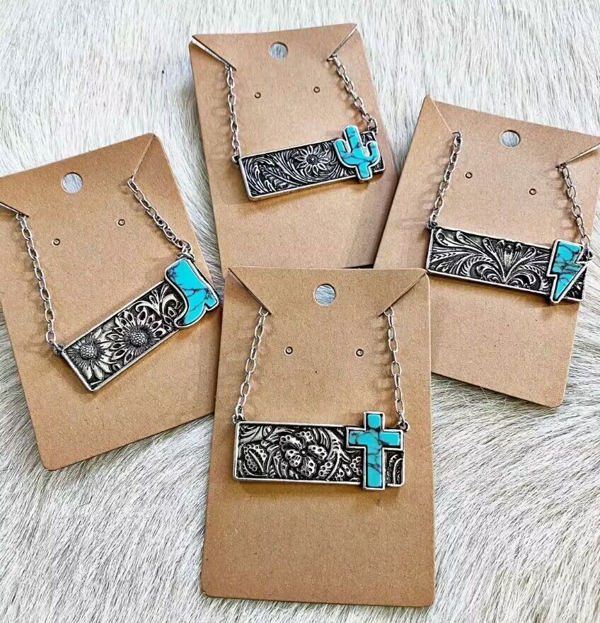 Western Style Turquoise Cross Stone/Lightning Bolt/Cactus/Cowgirl Boot Bar Necklace for Women Western Tooled Bar Necklace