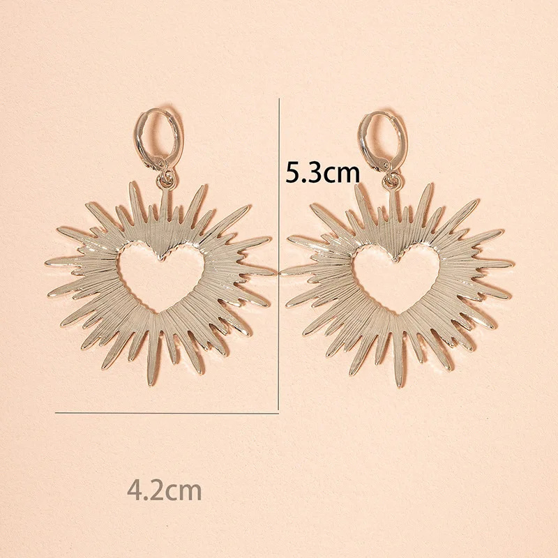 Gold Flaming Heart Jewelry Metal Accessories Heart Burst Spiked Earrings for Women - Big Gold Hollow Heart Hoop Cuff Earrings