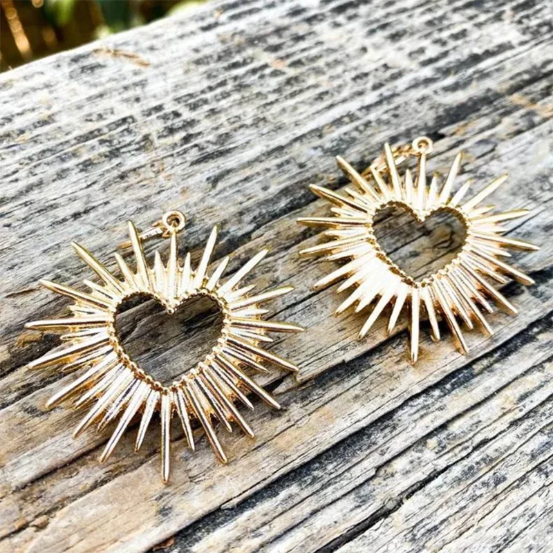 Gold Flaming Heart Jewelry Metal Accessories Heart Burst Spiked Earrings for Women - Big Gold Hollow Heart Hoop Cuff Earrings