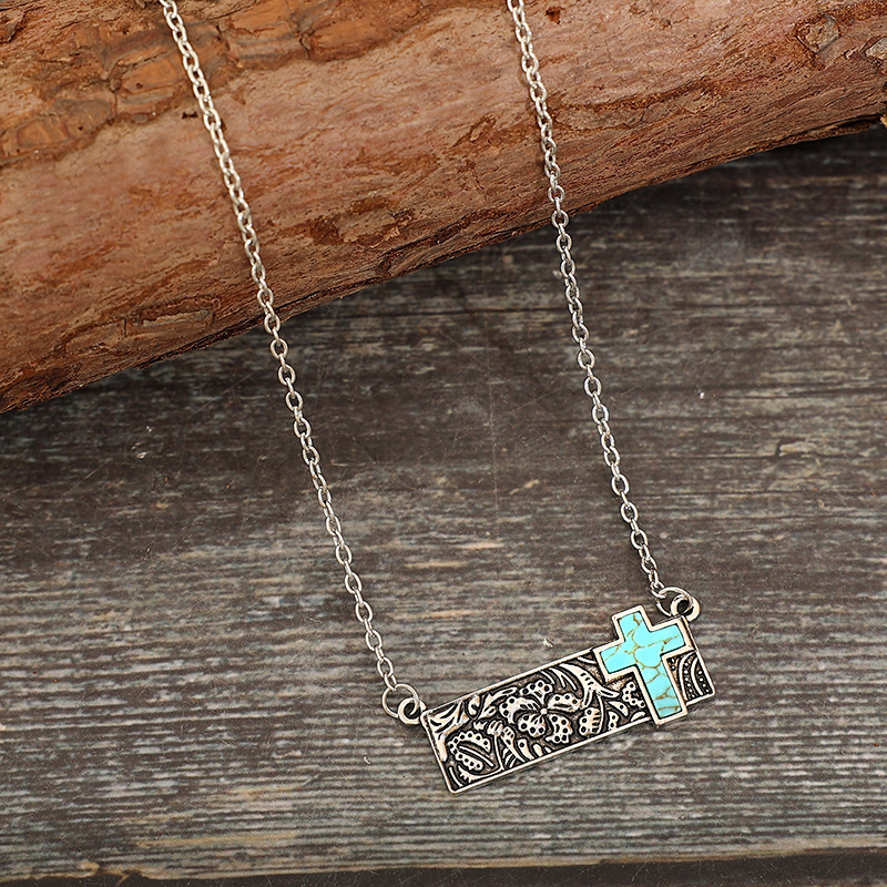 Western Style Turquoise Cross Stone/Lightning Bolt/Cactus/Cowgirl Boot Bar Necklace for Women Western Tooled Bar Necklace