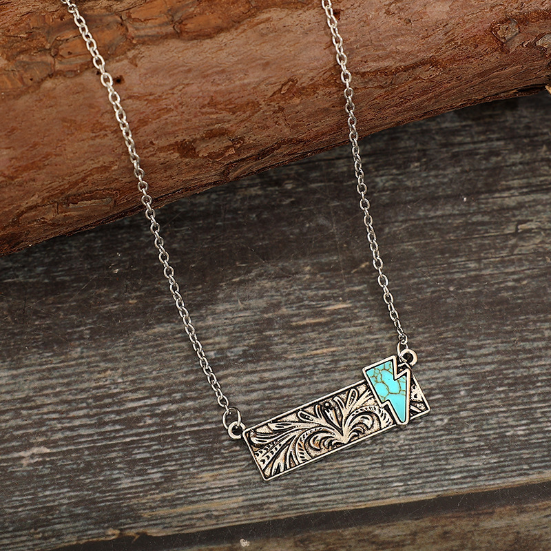 Western Style Turquoise Cross Stone/Lightning Bolt/Cactus/Cowgirl Boot Bar Necklace for Women Western Tooled Bar Necklace