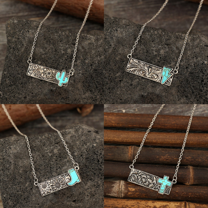 Western Style Turquoise Cross Stone/Lightning Bolt/Cactus/Cowgirl Boot Bar Necklace for Women Western Tooled Bar Necklace