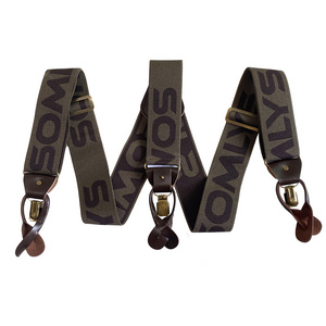 High quality custom 2"  Dual ends jacquard woven logo genuine leather button on mens suspender with clips and leather for men