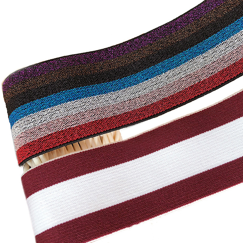 Manufacturer custom high quality extended glittering silver gold lurex metallic stripe elastic webbing band tape for garments