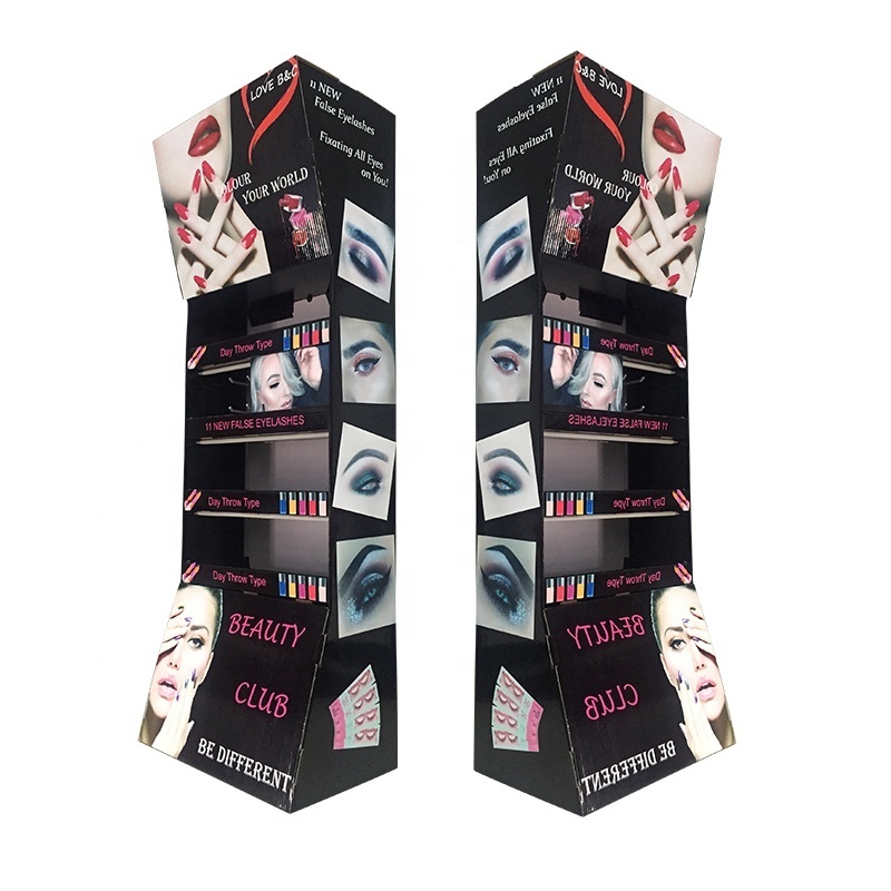 Retail Display Rack Eyelash Display Box Cosmetic Corrugated Floor Display Stand Makeup with Hooks for Eyelashes