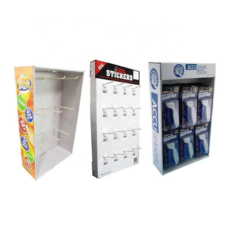 POP cardboard counter display stands with plastic hooks, hanging display with peg hooks, Power wing sidekick hook display racks