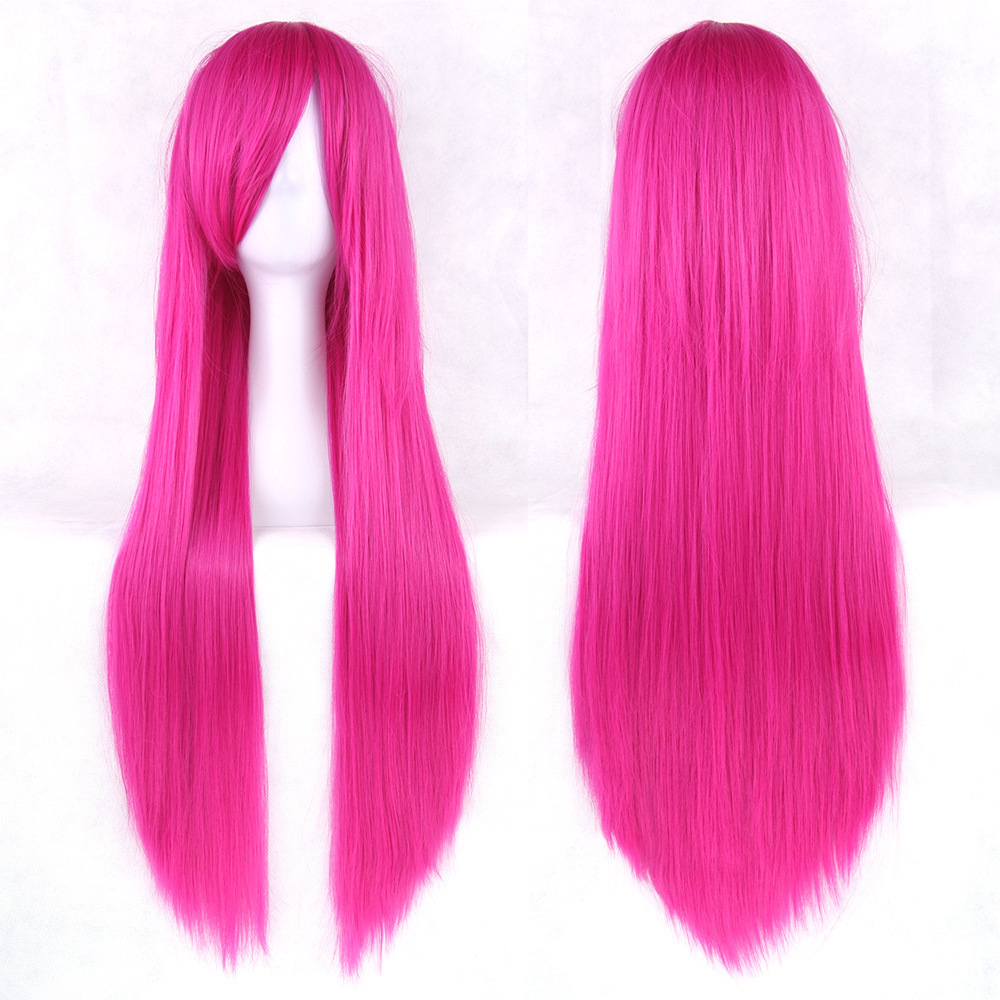 Wholesale Cheap Anime Party Pink Yellow Purple Black Blue Silver 80cm Long Straight Synthetic Cosplay Wig With Bangs