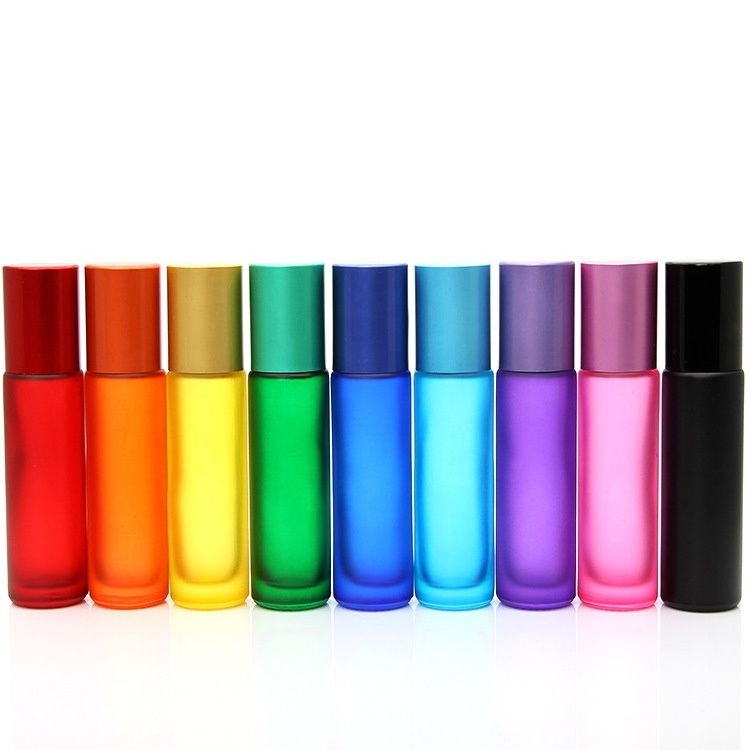 10ml rainbow color red yellow blue black essential oil perfume glass roll on frosted bottle