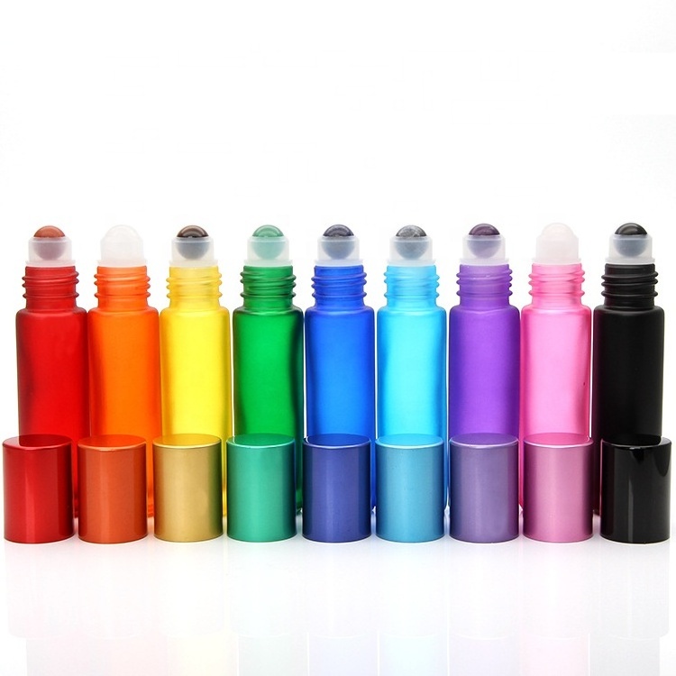 10ml rainbow color red yellow blue black essential oil perfume glass roll on frosted bottle