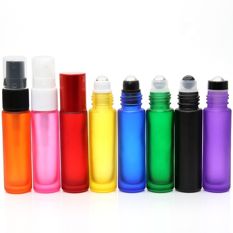 10ml rainbow color red yellow blue black essential oil perfume glass roll on frosted bottle