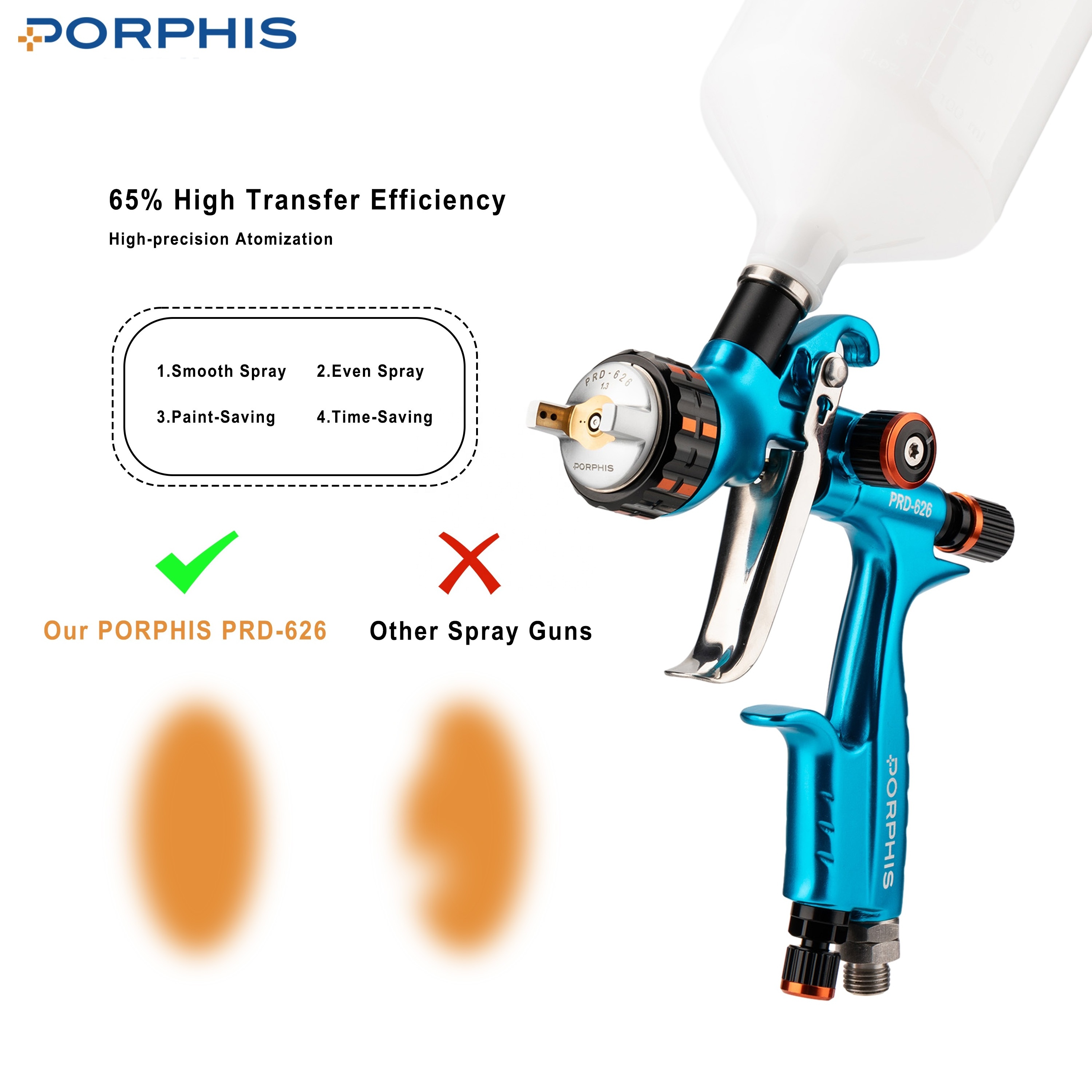 PORPHIS PRD-626 HVLP Pneumatic Paint Spray Gun 1.3mm Clear Coats Auto Refinish Manufacturer Tool Automotive Paint Application