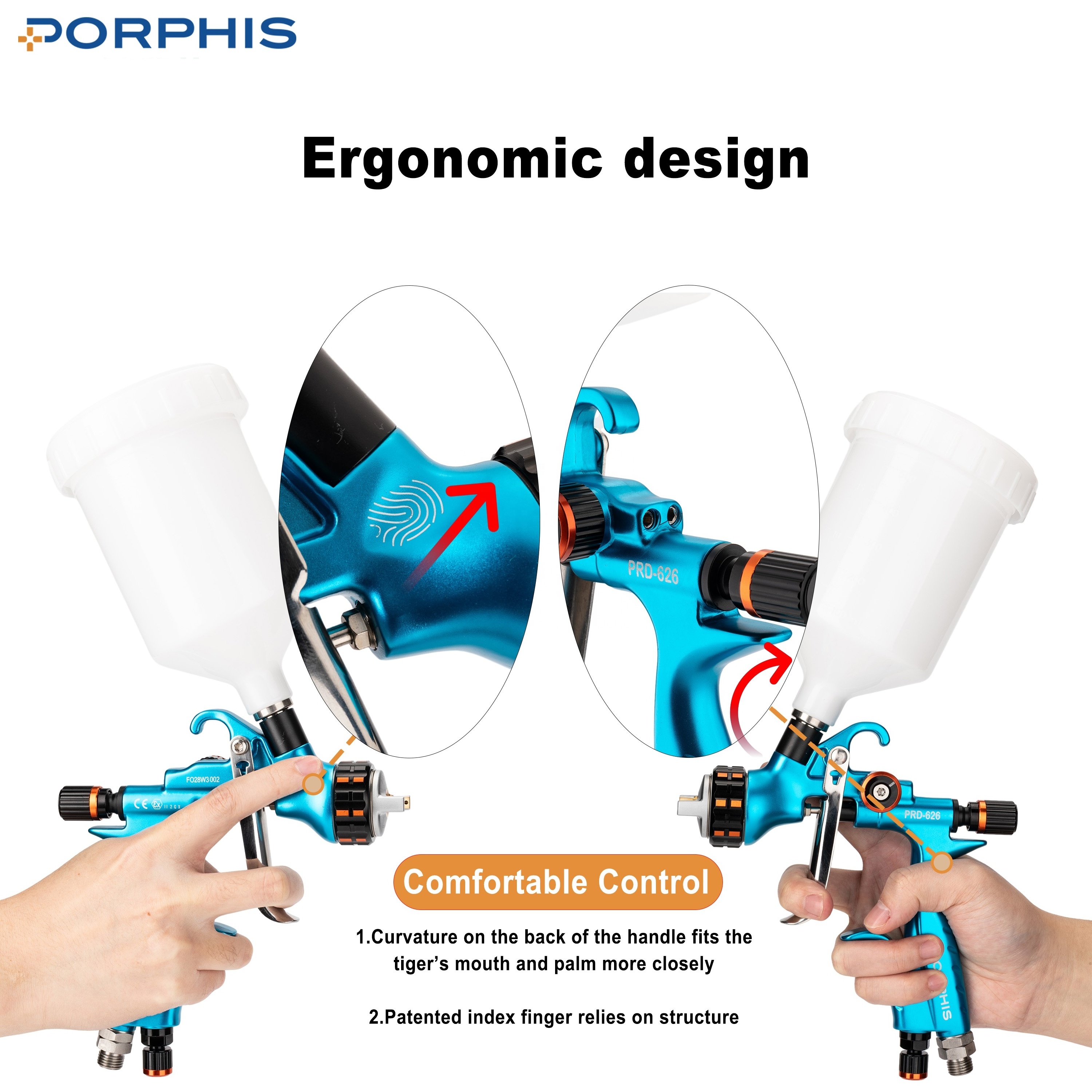 PORPHIS PRD-626 HVLP Pneumatic Paint Spray Gun 1.3mm Clear Coats Auto Refinish Manufacturer Tool Automotive Paint Application