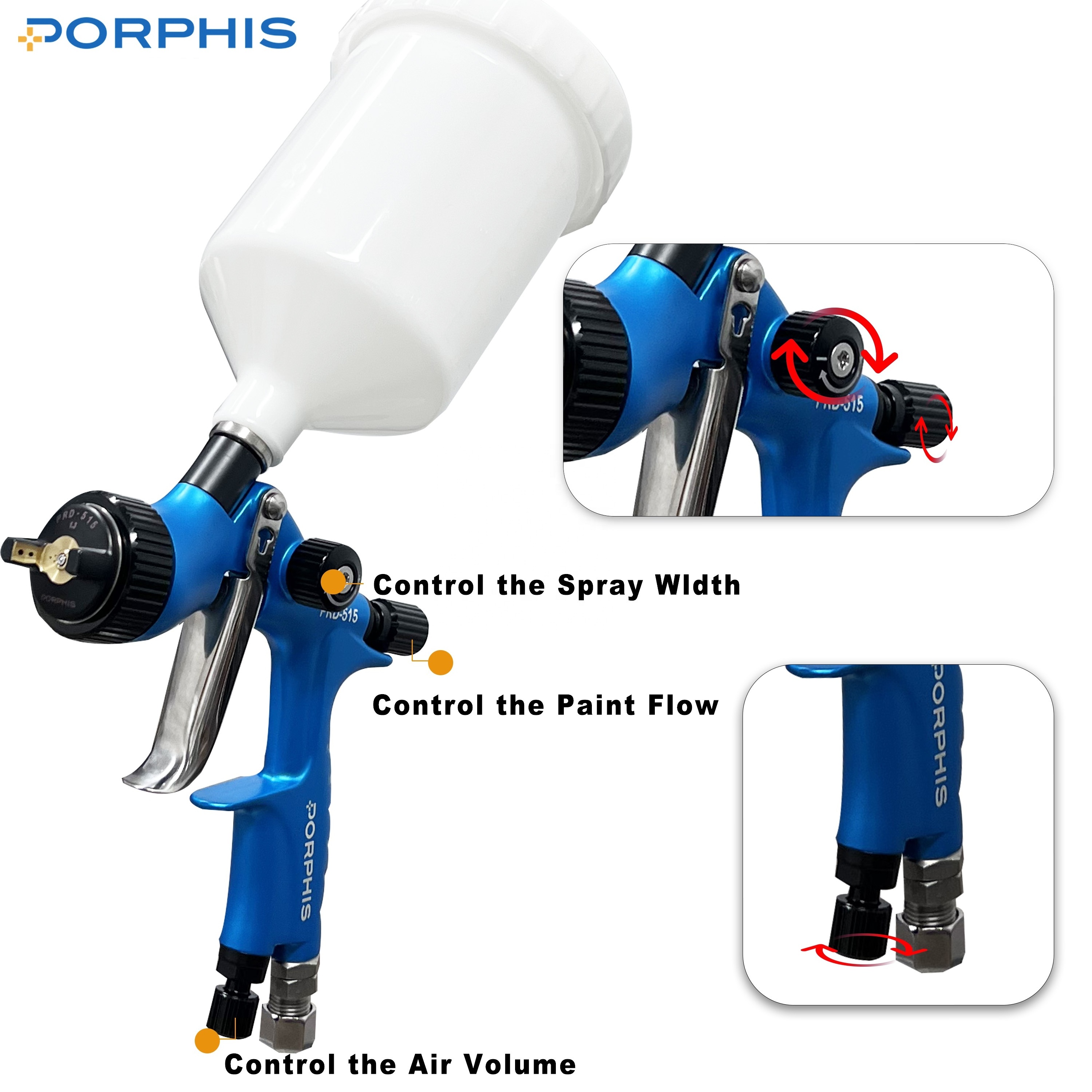 PORPHIS PRD-515 600cc 1.3mm DIY Home Wall & Car MP Automotive Painting Sprayer Air Compressor Gravity Spray Paint Gun