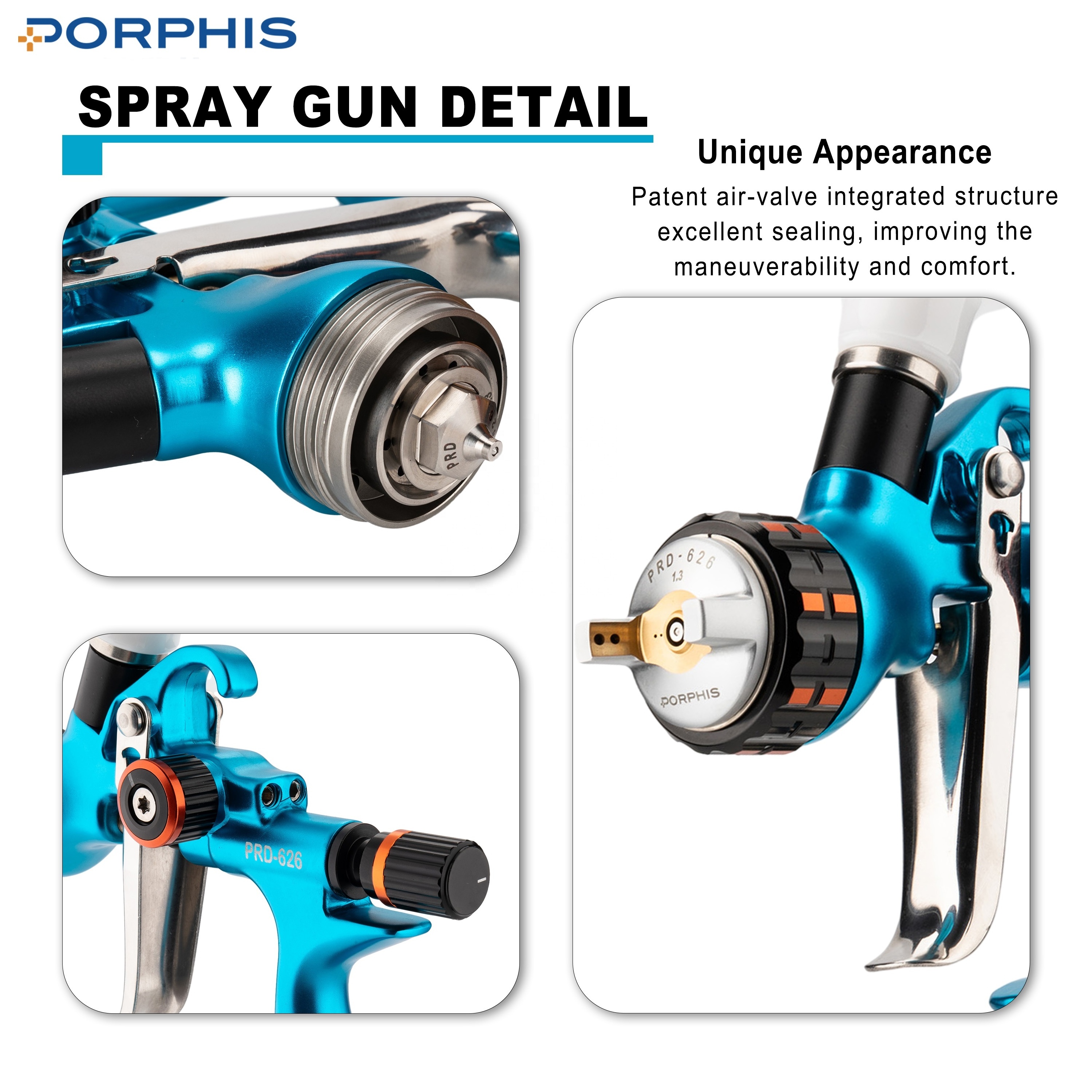 PORPHIS PRD-626 HVLP Pneumatic Paint Spray Gun 1.3mm Clear Coats Auto Refinish Manufacturer Tool Automotive Paint Application