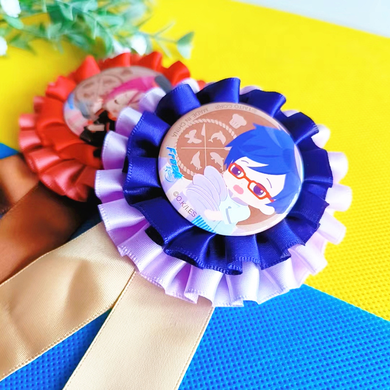 Custom Printed Logo Anime Award Ribbon Rosette With Tin Button Badge Two Layer Satin Corsage For Horse Show Metal Ribbon Badges